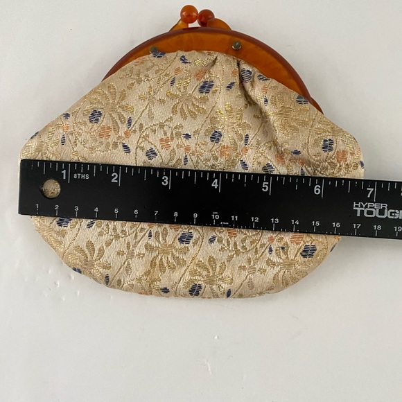 Japanese Kimono Dress Clutch Bag Vtg Green Flowers Tortoise Shell Handle - Picture 4 of 9